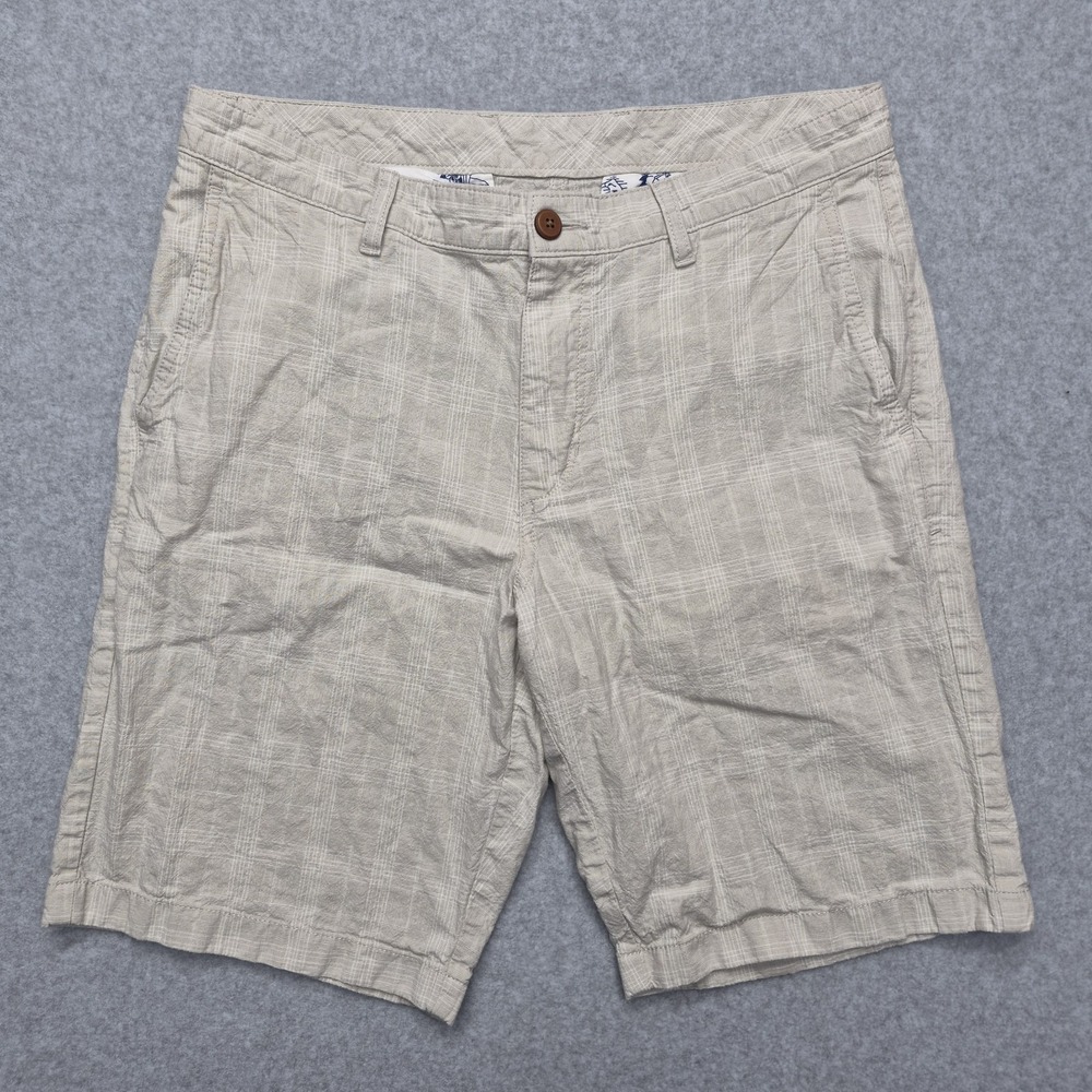 Tommy Bahama Mens Shorts 33 Beige Plaid 100% Linen Flat Front Casual